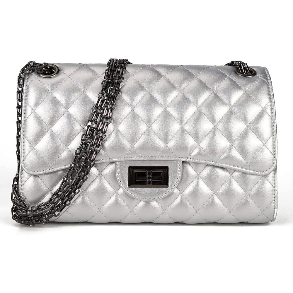Women Silver PU Quilted Stylish Crossbody Bag with Chain Strap & Flap Closure
